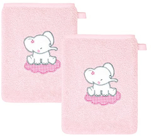 Lashuma Baby Waschhandschuhe 2er 15x21 cm, Rosa Waschlappen Motiv: Elefant, kleine bestickte Handtücher
