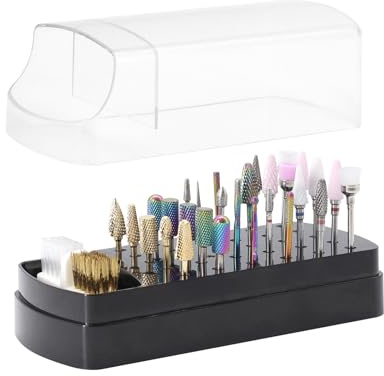 Nail Drill Bits Holder Case,2 In 1 Nail Drill BIts Storage Box and Cleaner,30 Holes Dustproof Drill Bits Organizer Container Manicure Tool,Non-Slip Base (Not Include Drill Bits) (Black)
