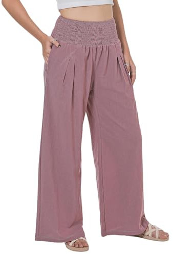 Lofbaz Damen Sommer Fließend Baumwolle Leinen Palazzo Weite Hosen Strand Hohe Taille Hose Boho Lange Loungehose mit Taschen Lila Rose M