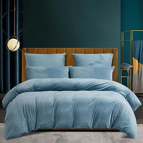 Housse de Couette Hiver 140x200 Chaude Flanelle Toucher Cashmere Polaire Parure de Lit en Velours Bleu Clair Doux avec Fermeture Éclair,Linge de Lit 1 Personne avec 1 Taie d'oreiller 65x65 cm