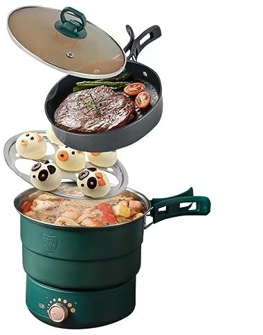 OPyCos 110V/220V Electric Split Cooking Pot Foldable Multifunctional Pot Frying Pan Hot Pot Steamer Rice Cooker Soup Machine Water Boiler Travel (Size : 110V, Color : Green Non-stick pan)
