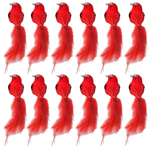 belupai 12 Stück Kardinalvogel mit Metallclip, Weihnachtsvögel mit Langem Schwanz, Schöne Künstliche Schaumstoffvögel mit Federn Zum Anklemmen Am Weihnachtsbaum, DIY-Weihnachtskranz,(Rot)