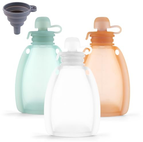 3 Stück Babynahrung Beutel, 120 ml Nachfüllbare Silikon Babynahrung Aufbewahrung mit Trichter BPA-frei Wiederverwendbare Lebensmittel Quetschbeutel Aufbewahrung für Apfelmus, Joghurt