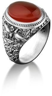 BySilverStone Jewelry Roter Achat, Von Der Natur Inspirierter Handgefertigter Ring Für Männer, Karneol-Herrenring Aus Sterlingsilber Mit Seitlicher Gravur, Einzigartiger Vintage-Herrenring Mit Achat