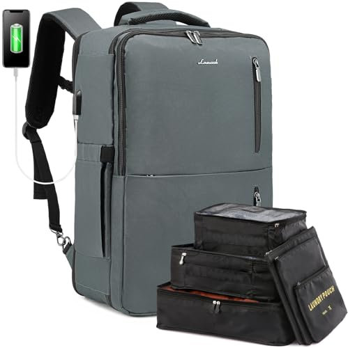 LOVEVOOK Sac à Dos Cabine Grand, Sac à Dos Voyage Avion, Bagage à Main Homme Femme, Sac Ordinateur Portable 17,3 Pouces Sac à Dos Travail Résistant Aux Éclaboussures Gris