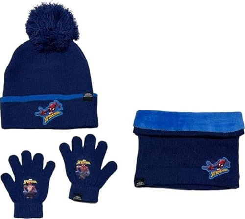 Ensemble Bonnet Gants cache cou Spiderman (snood ou tour de cou double a l'interieur) (Set gants bonnet avec cache cou Spiderman)