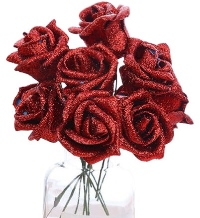 Whakano 10 rose artificiali glitterate, fiori artificiali, rose a gambo lungo, per festa della mamma, feste, matrimoni, interni ed esterni, cucina, ufficio, caffetteria, decorazione per la casa, rosso