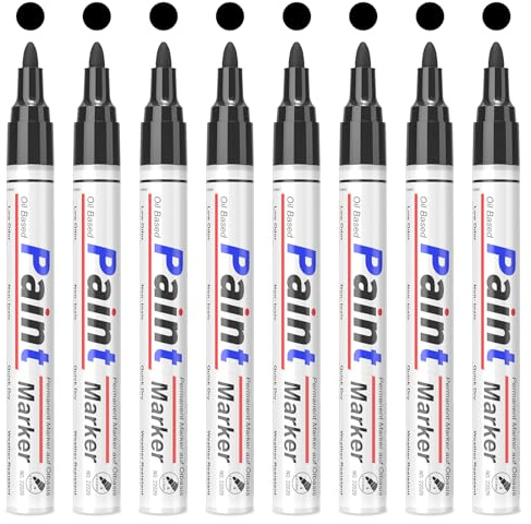 Permanent Marker Black, Pack of 8 Paint Markers with 2-3 mm Bullet Tip, Quick Drying, Waterproof, Colourfast, Suitable for Metal, Stone, Wood, Glass, Plastic, Ceramic, Tyres and Other Surfaces
