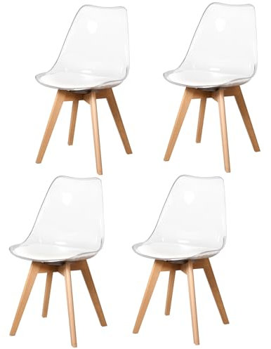 Uderkiny 4er-Set Esszimmerstuhl， Moderne transparente Esszimmerstühle, Skandinavischer Stuhl, Transparentes PP-Material+Beine aus Buchenholz, geeignet für Wohnzimmer/Esszimmer/Küche (Weiß PU, 4)