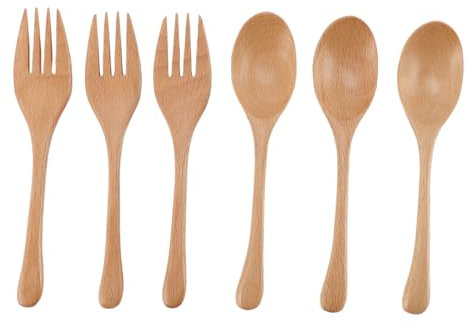 Set Forchette Cucchiai di Legno, 3 Set Set di Utensili Per La Cena in Legno Set di Utensili in Legno Giapponesi Il Set di Posate in Legno Riutilizzabili Include Cucchiaio di Legno, Forchetta, 6 Pezzi