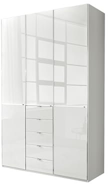 WIEMANN Drehtürenschrank mit 5 Schubkästen hochwertiger Kleiderschrank Schlafzimmerschrank 150cm breit, mit Schubladen, Glas Weiß, Höhe 236cm, Shanghai