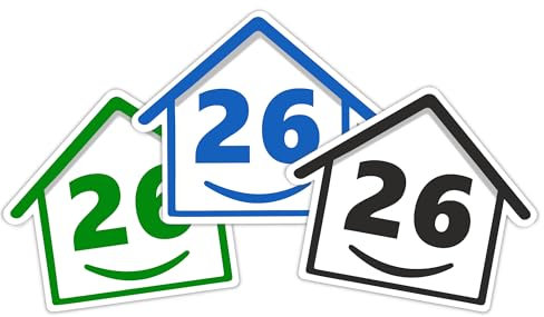 3 x Bin Numbers for Wheelie Bins, 1-99, 15cm ‘Happy House’ Colour Design Dustbin Stickers, Easy Application Stick On Number Stickers - Weatherproof Self Adhesive Vinyl – Blue, Black and Green (26)