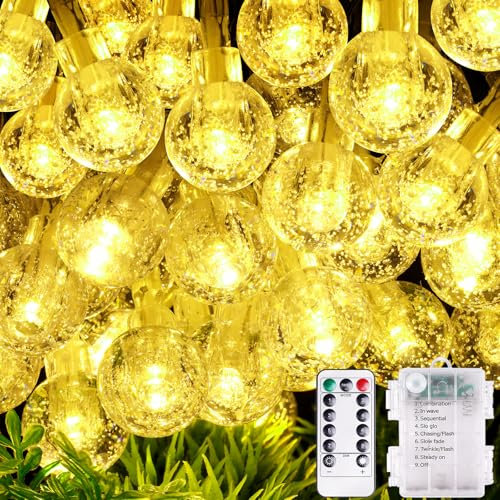 AUAUY LED Lichterkette Außen Batterie, 10M 100 LED Kristall Kugel Lichterkette mit Fernbedienung, 8 Modi Wasserdicht Lichterketten für Weihnachten Fenster Treppen Gärten Pavillons Hochzeiten-Warmweiß