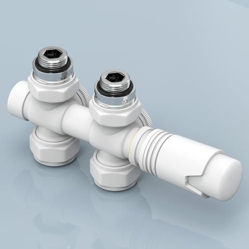 EMKE Multiblock Set für Heizkörper mit Thermostat, Hahnblock Eck und Durchgangsform Ventilhahnblock Mittelanschluss Heizkörperventil mit 50 mm Nabenabstand für Kunststoff (φ16 mm* G1/2 Weiß)