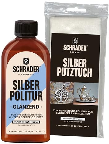 SCHRADER Silberpflege-Set - Silberpoliermittel und Silberputztuch für Schmuck & Besteck - Entfernt Anlaufstellen - 2-teilig