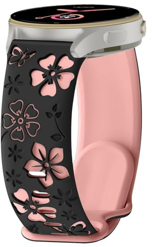 MoSuul Floral Gravés Bracelet Compatibles avec Garmin Forerunner 165/165 Music/Vivoactive 5/Venu Sq 2/Venu Sq Silicone Bracelets Femme Sport Bracelet pour Garmin Venu Sq 2/Vivoactive 3 Noir + Rose