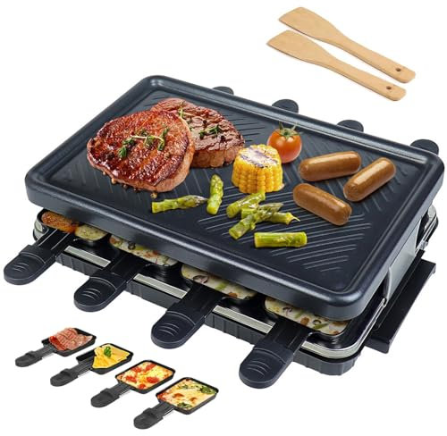 Electric Grill Indoor, 1300W Double U-Shaped Heating Tube, 8 Raclette Cheese Pans & 2 Wooden Spatulas, Adjustable Temperature, Disassemble - Easy to Clean
