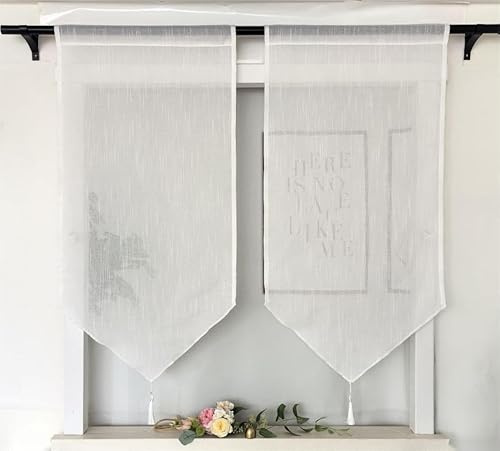Vordesack Panneaux de voilage aspect lin avec pompon, court, uni, blanc, rideau de bistrot avec tringle, 2 pièces (H x l), 90 x 45 cm
