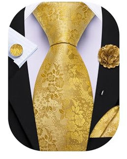 Barry.Wang Krawatte mit Blumenmotiv für Herren, Seidenkrawatte, Einstecktuch, Manschettenknöpfe, Set, formelle Hochzeit, Party, Business, gold, Einheitsgröße