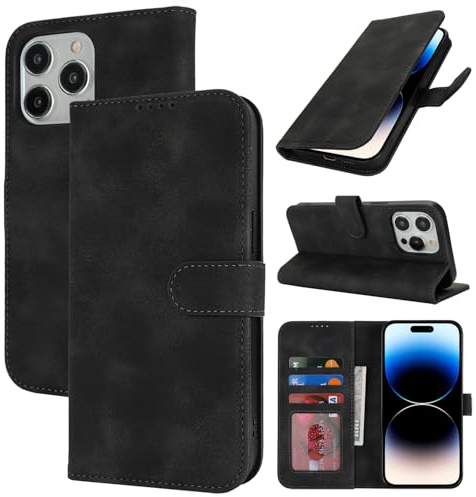 Zouzt Hülle für iPhone 14 Pro (6,1), Premium PU Leder, Vintage Schwarz | Handyhülle mit Kartenfächern, Magnet Klapp Schutzhülle, Stoßfeste TPU-Innenhülle, Frauen Männer, Leather Wallet Phone Case