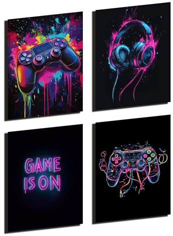 Donari Poster Gaming 4er-Set - Gaming Bild als Deko für Gamingzimmer - Wand Dekoration für Zocker Zimmer Led Optik Set A4 Bilder mit oder ohne Rahmen (Motiv 3, 21x30 cm, Ungerahmt)
