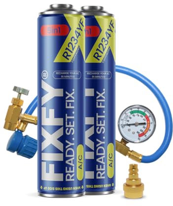 FIXFY Kit complet 5 en 1 : tuyau avec manomètre & adaptateur + 2 × réfrigérant de rechange R1234YF (huile, mastic, agent de séchage, colorant UV) – Pour véhicules à partir de l'année de construction