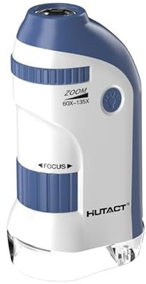 HUTACT Mini Mikroskop für Kinder mit Objektträger Set: 60x-135x LED Taschenmikroskop Tragbares Handmikroskop Bildungsgeschenk für Kinder Studenten Erwachsene Mikrobiologische Beobachtung - Marineblau