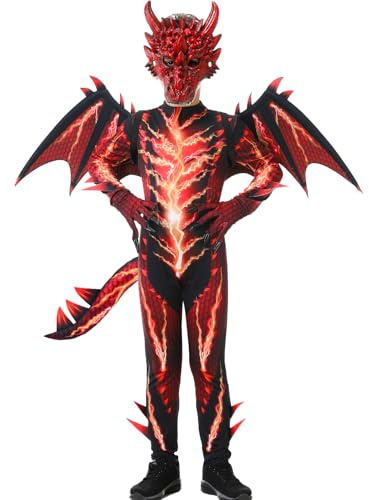 Déguisement Dragon Enfant Deguisement Halloween Enfant Costume Carnaval Garcon avec Ailes de Dragon Masque Queue Griffes pour Garçon Filles de 110 à 160 cm, de 4 à 13 ans