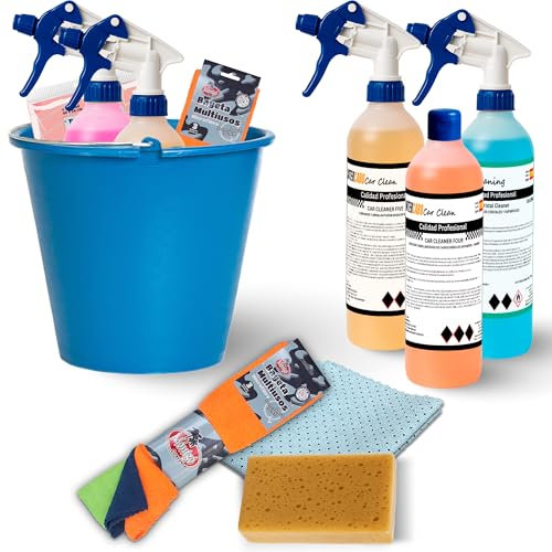 Auto-Reinigungsset – 5 x 750 ml Sprühflaschen – inklusive Shampoo, Felgenreiniger, Reifenpolitur, Armaturenbrett, Glas, Mikrofasertücher, Schwamm und Eimer