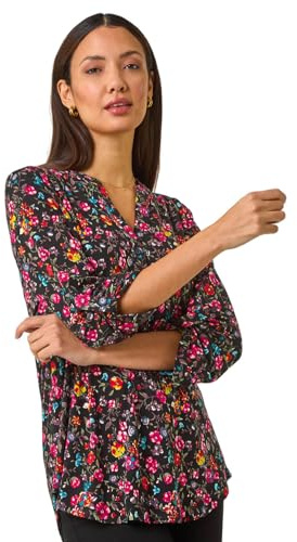 Roman Originals Shirt for Women UK Ladies Top Collarless Blouse Stretchy Tunic Smart Casual Autumn Winter Jersey 3/4 Length Sleeve Notch V Neck Flattering Office Work - Floral Pink - Size 10