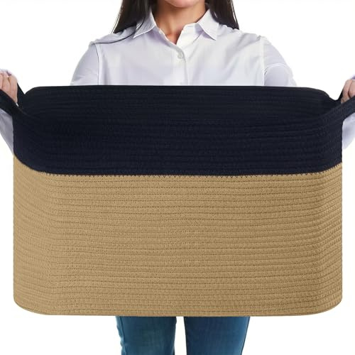 JOJOSEE Faltbarer Wäschekorb, 65L Aufbewahrungskorb Schwarz & Braun | Geflochten Aufbewahrungskorb mit Henkel, Laundry Baskets aus Baumwolle, Ideal für Decken, Kleidung, Kuscheltier, Spielzeug