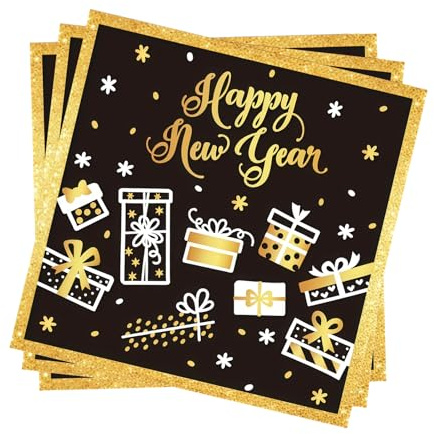 40 Silvester Servietten, Silvester Deko 2026, Happy New Year Servietten Schwarz Gold, 33x33 cm Tischdeko für Silvesterparty, Neujahrsfeier und Thementische