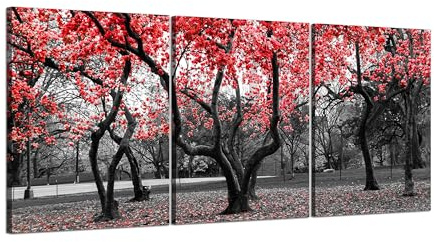 LuxHomeDecor Albero con Fiori Rossi in Bianco e Nero - Quadro su tela con telaio in legno, 3 Quadri 50x70 cm Decorazioni Camera da letto, Bagno, Cucina, Ufficio, Sala da pranzo, Bar