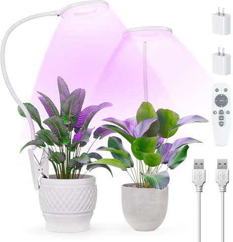 Grevoxy Lampada per piante LED a spettro completo – Grow Light 56 LED, luce per piante da interno 10W con timer e collo d’oca 360° – 2 pezzi