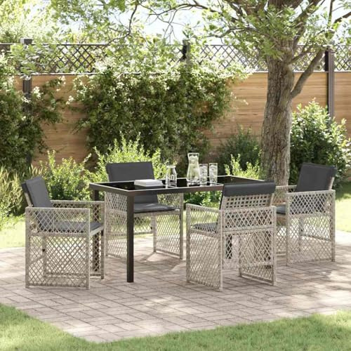 Kaloriko Garten Essgruppe 5-teilig, Hellgrau Poly-Rattan, mit Glastisch, 4 Stühlen, wetterfest, für Balkon & Terrasse, langlebig