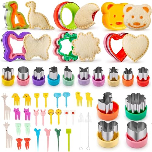 48 Stück Ausstecher Brot und Gemüse Kinder, Ausstechformen Kinder Set | Sandwich Schneider, Edelstahl Sandwich Ausstecher mit Food Picks Obstgabeln, Bento Zubehör für Sushi, Obst