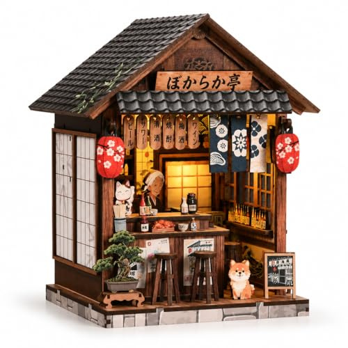 Miniatur Haus Bausatz Puppenhaus Kit Japanische Izakaya 1:24 Holz | mit LED-Licht – Japan Book Nook Kit Buchregal Bastelgeschenk für Erwachsene, Miniatur Häuser Modell