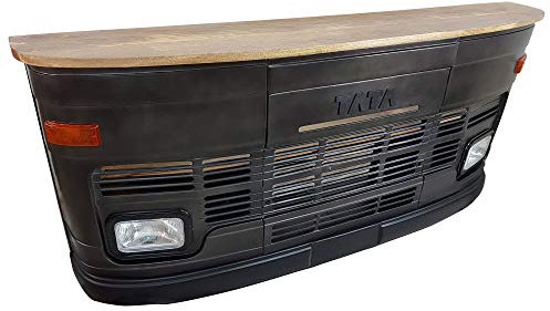 Theke Tata groß in schwarz LKW Front - Tresen mit Beleuchtung - Verkaufstheke im Vintage Look für Rezeption oder Empfang - Empfangstresen aus Metall und Holz - Empfangstisch im LKW-Design Bartisch