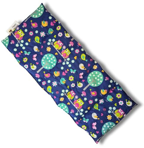 Franzis Nähstube 50x20cm Dinkelkissen Eule blau in 100% Baumwolle I Körnerkissen Dinkel 50x20 für Mikrowelle I Wärmekissen, Dinkelkernkissen, Nackenwä