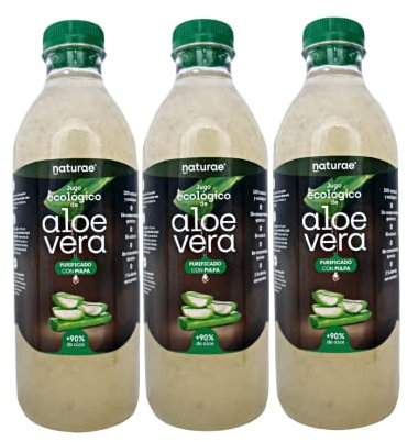 NATURAE – Jugo de Aloe Vera con Pulpa – Sin Azúcares Añadidos – Vegano– Ecológico – Pack de 3 Botellas de 1L – Fabricado en España