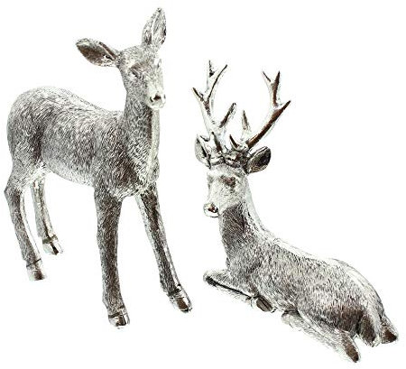 FRANK FLECHTWAREN Dekofigur, Figur, Dekoobjekt REH & Hirsch, im 2er Set, Wald, Trendige Silberoptik, vielseitig einsetzbar. ca. Höhe 14 cm, 17 cm