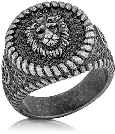 Akitsune Imperator Ring | Design-Ring Frauen Herren Edelstahl Groß Löwe König Siegel - Antik Silber - US 8