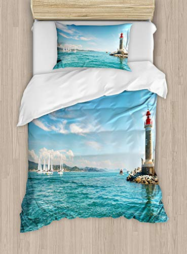 ABAKUHAUS Leuchtturm Bettbezugs Set für Einzelbetten, Sonniger Tag am Meer, Milbensicher Allergiker geeignet mit Kissenbezug, 130 x 200 cm, Mehrfarbig Aqua