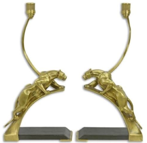 Casa Padrino Art Deco Kerzenhalter Set Panther Gold/Schwarz 23,4 x 11,8 x H. 47,4 cm - Elegante Bronze Kerzenständer - Deko Accessoires