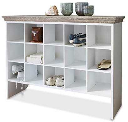 Loberon Schuhschrank Bobigny, Landhaus-Stil, mit 15 separaten Fächern, farblich abgesetzte Ablageplatte, Mix, Schuhregal, Paulowniaholz, weiß/braun