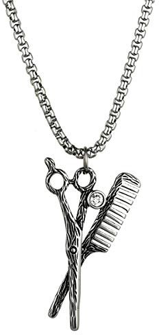 Flongo Herren-Kette Männer Kette Halskette mit Friseur Schere Kamm Anhänger Silber Hip Hop Gotik Biker Herren-Accessoires