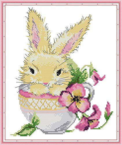 WOWDECOR – Kit de broderie au point de croix pour adultes et enfants, lapin dans une tasse avec fleurs, 11 points estampillés, à faire à l’aiguille, facile pour débutants