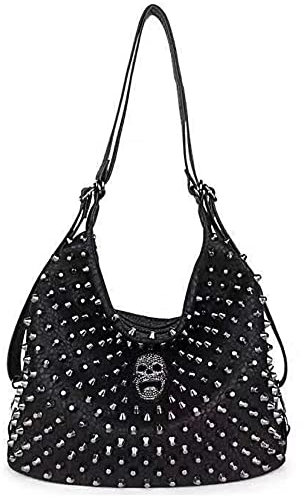 Rivet Skull Handtasche Damen PU Tote Schultertasche Crossbody Punk Hip Hop Schwarz Tote börse, Schwarz (Schwarzer Totenkopf), Einheitsgröße