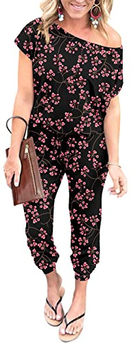 YUNDAI Womens Jumpsuits One Piece Casual Off Shoulder Playsuit Short Sleeve Overalls Elastic Waist Stretchy Romper with Pockets X-Large,Gypsophila Black