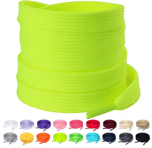 Olukssck 2 Paar Flache Schnürsenkel, 10 mm breite Reißfeste Schuhbänder für Sneakers, Sportschuhe, Turnschuhe, Freizeitschuhe, Neon Gelb, 120cm